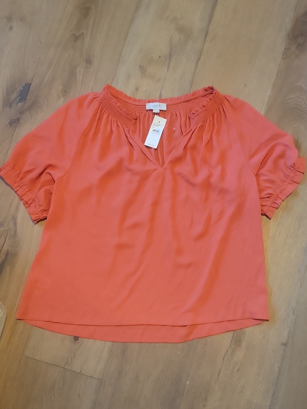 NWT LOFT Coral Short-Sleeve Smocked V-Neck Blouse Med